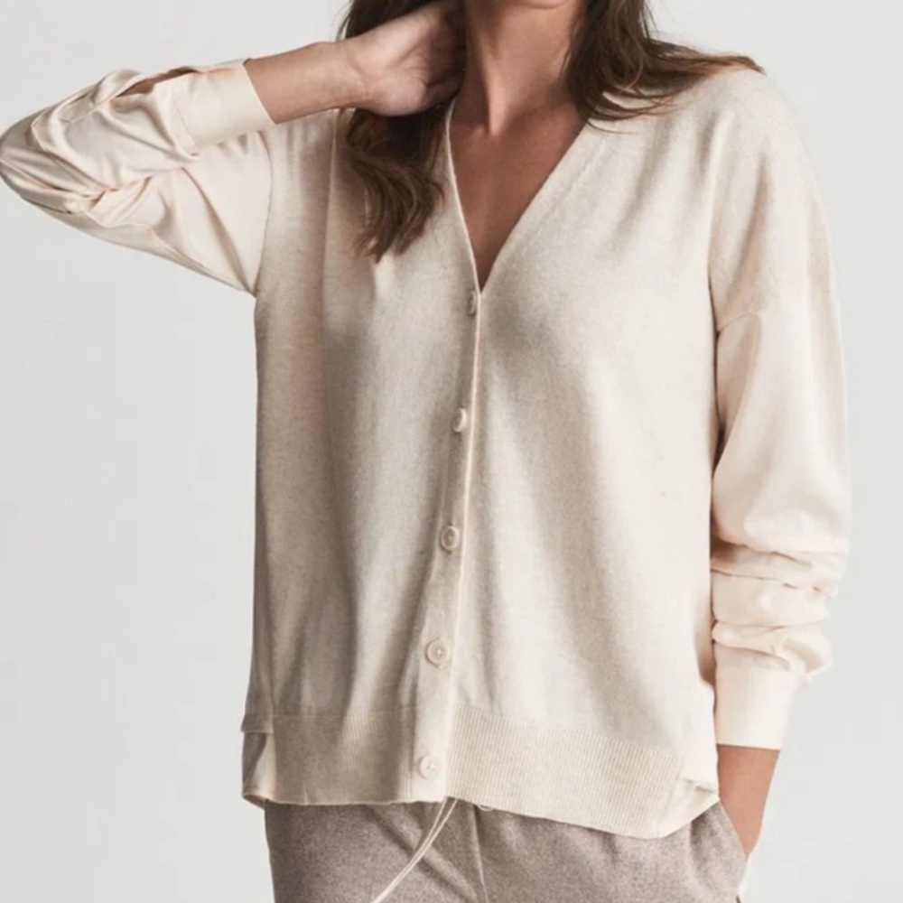 Reiss Women 4 Addison Cardigan Sweater Shirt Wool Cashmere Button Front Oatmeal